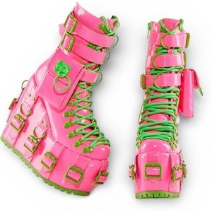 Dolls Kill CANDY SWEETEST BOUNTY TRAITOR BOOTS Platform Neon Pink and Green SZ 8